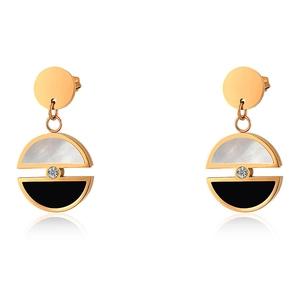 Rose gold circular earrings with black and white shell inlay and zircon accents
