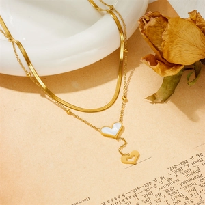 Minimalist gold titanium double layer heart necklace with white shell shell inlay
