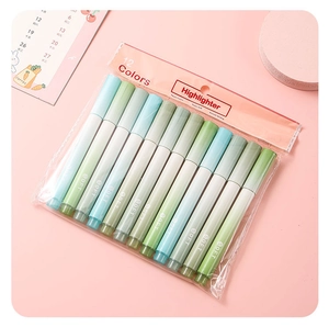 Close-up of 12 soft colors highlighter set in transparent OPP bag on pink background