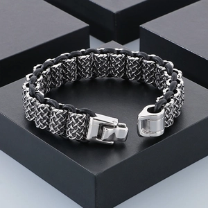 Punk woven leather cord bracelet with titanium steel dragon bead and mechanical clasp