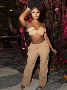 Women's khaki two-piece cargo set with halter neck vest and matching jogger pants