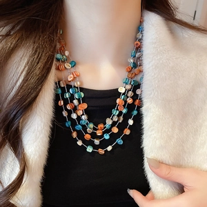 Close-up of colorful layered shell bead necklace worn by a model for a stylish look