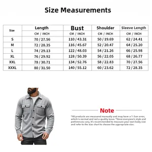 Detailed size chart for men casual fleece jacket with length and bust measurements