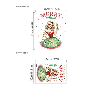 Sticker mural rétro de Noël avec texte Merry and Bright, autocollant PVC décoratif 35x43cm