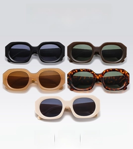 Detailed display of retro chunky polygon sunglasses in various fashionable frame colors