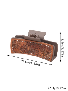 Detailed size specifications of the brown floral leather hair claw clip with metal rivets