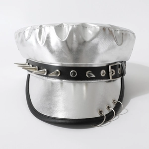 Silver PU Leather Military Cap Newsboy Hat Punk Rivet Metal Rings Cyberpunk Gothic Performance Headwear For Women Men
