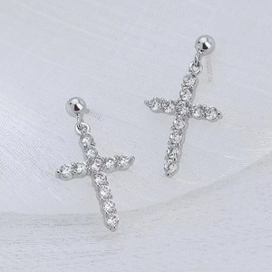 Elegant S925 sterling silver French Baroque cross earrings with micro-pave zircons
