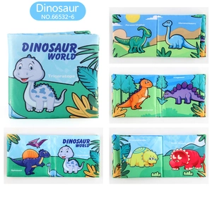 Macro view of dinosaur soft cloth book showing colorful prints and durable fabric for babies