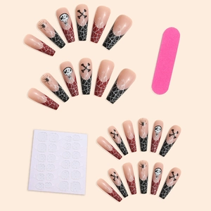 Halloween press-on nails set with skull and spider patterns plus glue and pink file