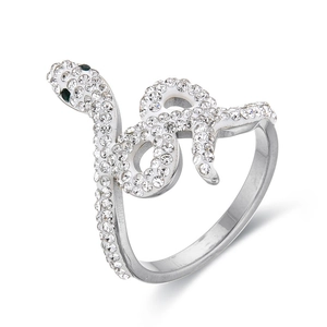 Silver snake ring in stainless steel with clear crystals and black gemstone eyes