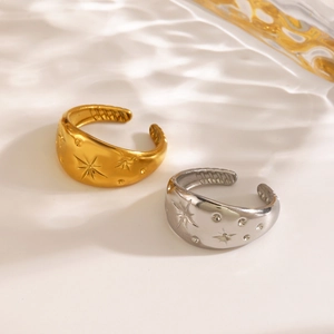 French vintage star pattern gold and silver stainless steel open rings in water ripples