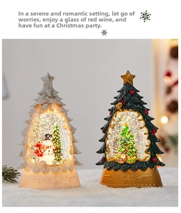 Macro view of LED glowing Christmas tree snow globes with snowman and glitter interior