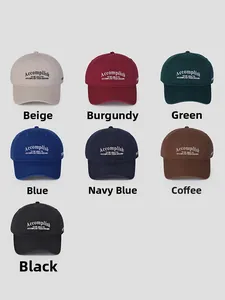 Detailed view of cotton baseball caps with Accomplish embroidery in seven colors