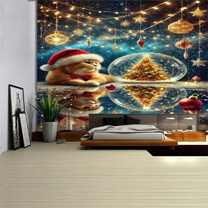 Detailed view of Christmas tapestry with festive ginger cat and snow globe design