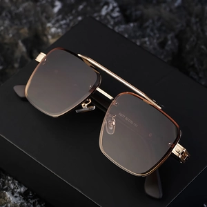 Men's rimless square sunglasses with gold metal frame and brown gradient lenses