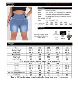 Size guide for plus size denim shorts showing measurements for 0XL to 4XL dimensions
