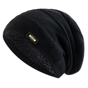 Men's black knitted winter beanie with warm faux fur lining and classic metal tag