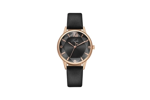 Close-up of elegant ladies quartz watch with faceted glass dial and black leather strap