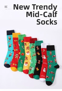 Detail of Christmas crew socks set with elk, snowman and Santa Claus festive patterns