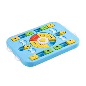 Blue interactive puzzle dog feeder toy with multi-colored sliding modules and handles