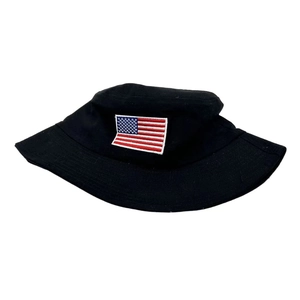 Close-up of fine American flag embroidery on a black cotton twill bucket hat