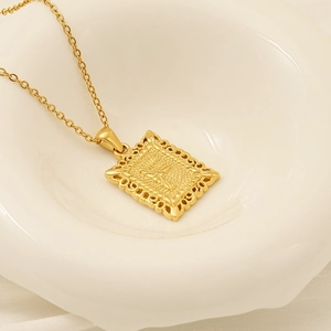 Baroque gold stainless steel necklace with hollow rectangular bee relief pendant