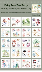 Detailed grid view of 40pcs Alice in Wonderland washi stickers for DIY decoration