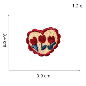 Detailed view of heart embroidery patch with red tulips showing 3.4cm by 3.9cm size