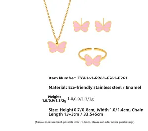 Detailed view of pink butterfly jewelry set including necklace, earrings and ring