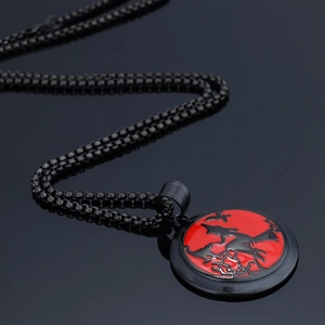 Gothic witch and bat round pendant necklace in black and red stainless steel