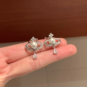 French style pearl Saturn clip earrings with sparkling zircon teardrop in silver plating