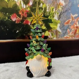 Lighted Christmas gnome figurine with ceramic tree hat and colorful ornaments