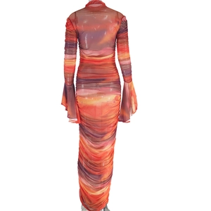 Detail view of colorful gradient mesh dress with elegant ruching and long sleeves