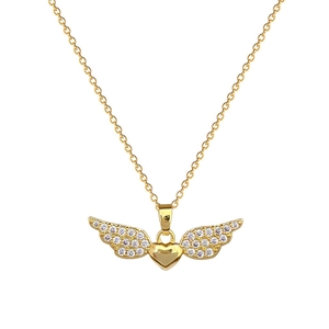 Elegant gold titanium necklace with sparkling diamond-encrusted wings and heart pendant