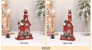 Dual view of a red wooden Christmas church cabin with snow accents and pine decor