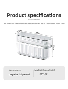 Detail view of 22x7.5x11cm ice popsicle mold made of PET and PP material with 6 slots