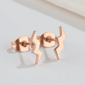 Minimalist lightning bolt stud earrings in rose gold finish for women made of stainless steel