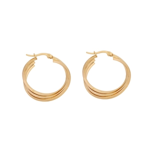 Minimalist triple-layered gold-tone geometric C-shaped hoop earrings on white background
