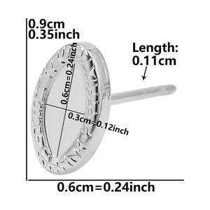 Detailed size chart of textured oval stainless steel stud earrings with measurements