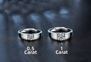 Comparison detail showing 0.5ct and 1.0ct moissanite stones on sterling silver rings