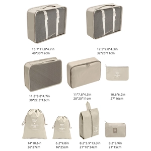 Detailed size specifications for 9-piece beige travel luggage organizer bag set