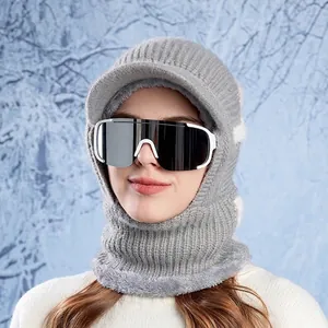 Winter thermal knit hooded scarf for women with plush lining and brim in snow scene