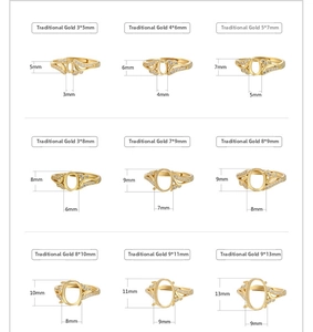 Size chart for S925 sterling silver ring settings in antique gold finish for DIY jewelry