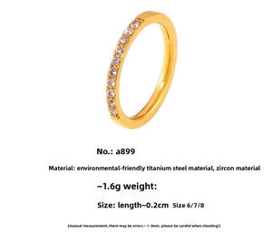 Close-up of 18K gold plated titanium ring featuring a row of sparkling cubic zirconia stones