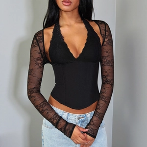 Slim fit black lace corset top with halter neck and long sleeves for women fashion