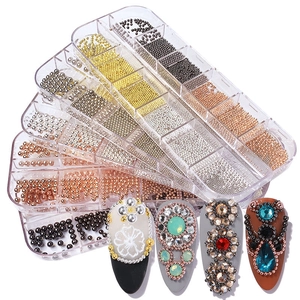 Mixed metal nail art micro beads in multi-compartment storage box with gold and silver options