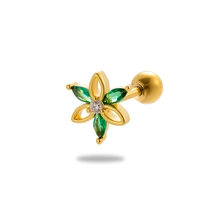Gold flower cartiladge earring with green gemstones and clear center zircon crystal