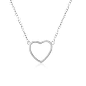 Detailed close-up of a minimalist S925 sterling silver heart pendant necklace on white