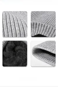 Détail du bonnet d'hiver avec maille côtelée grise et doublure épaisse en polaire